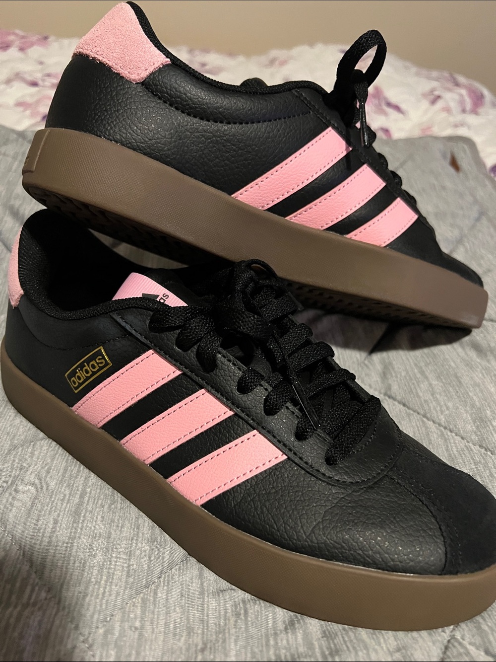 adidas Black & Pink Leather Court Sneakers with Gum Sole